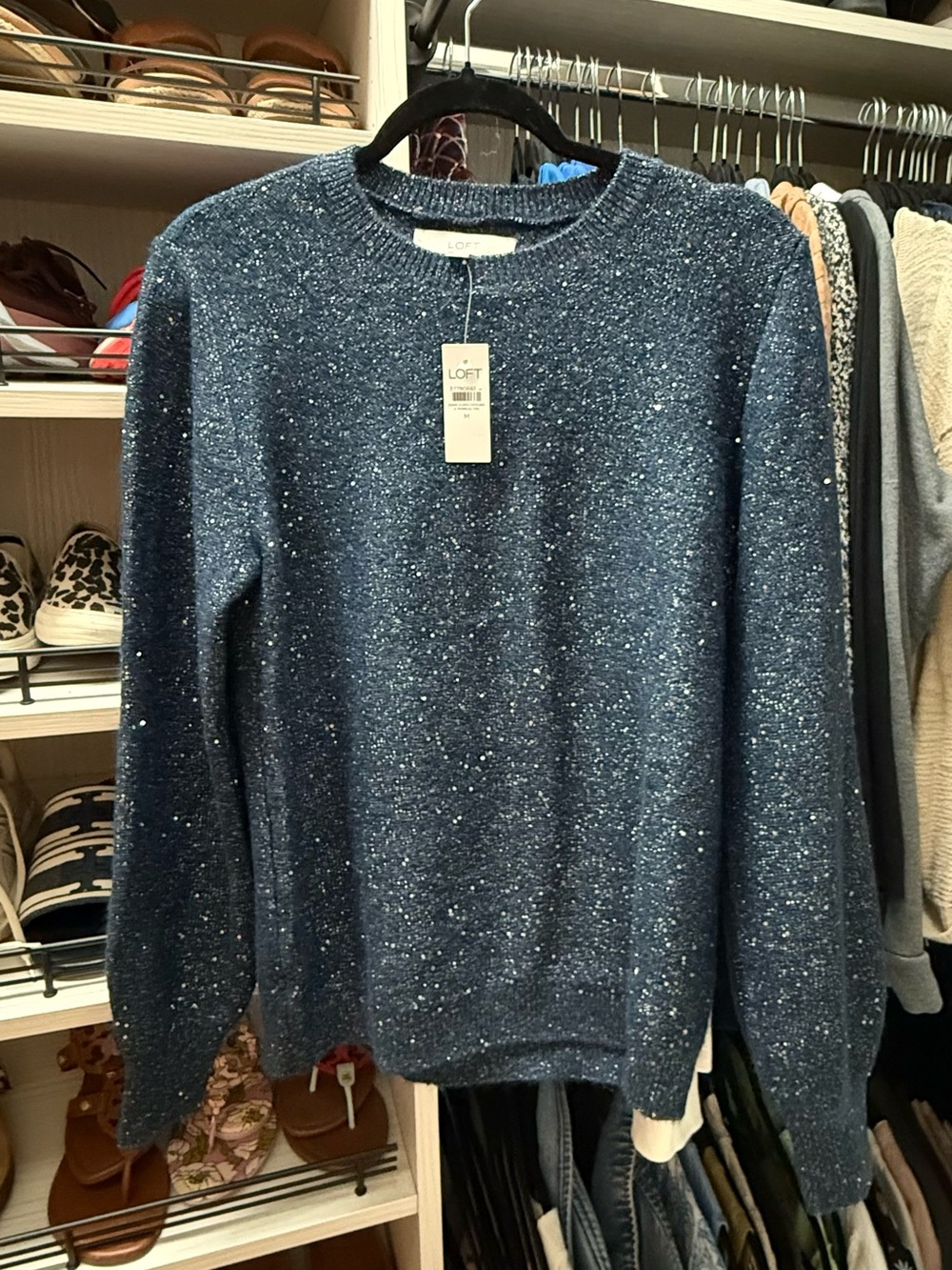LOFT Navy Sequin Shimmer Knit Sweater Medium New With Tags